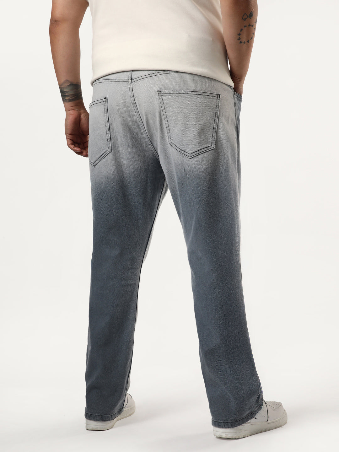 Plus Men's Grey Straight Fit Heavy Washed Faded Denim Jeans Stretchable