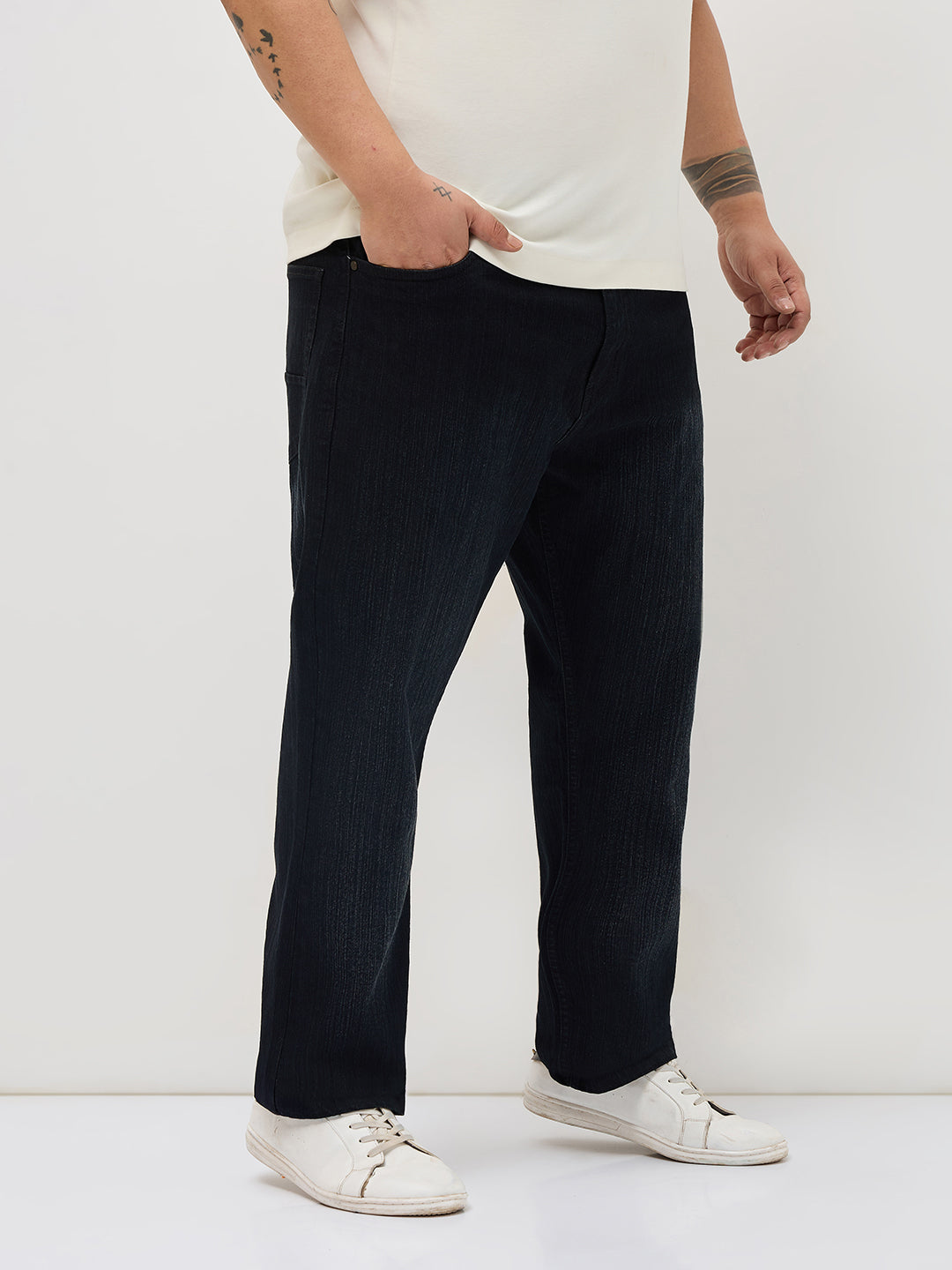 Plus Men's Black Straight Fit Washed Denim Jeans Stretchable