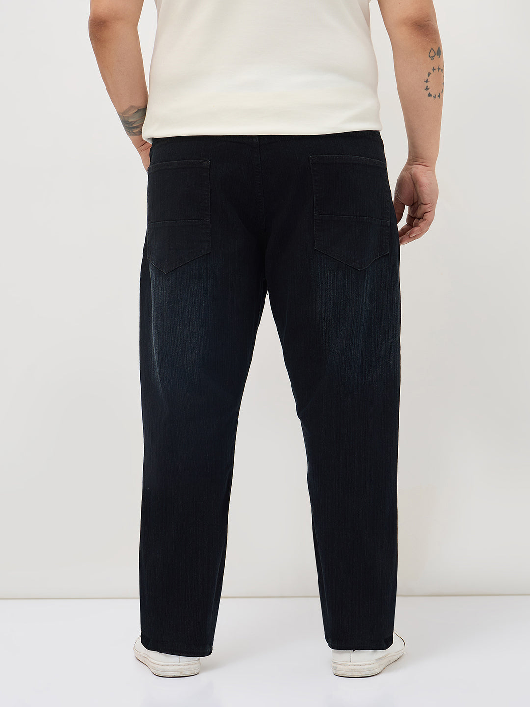 Plus Men's Black Straight Fit Washed Denim Jeans Stretchable