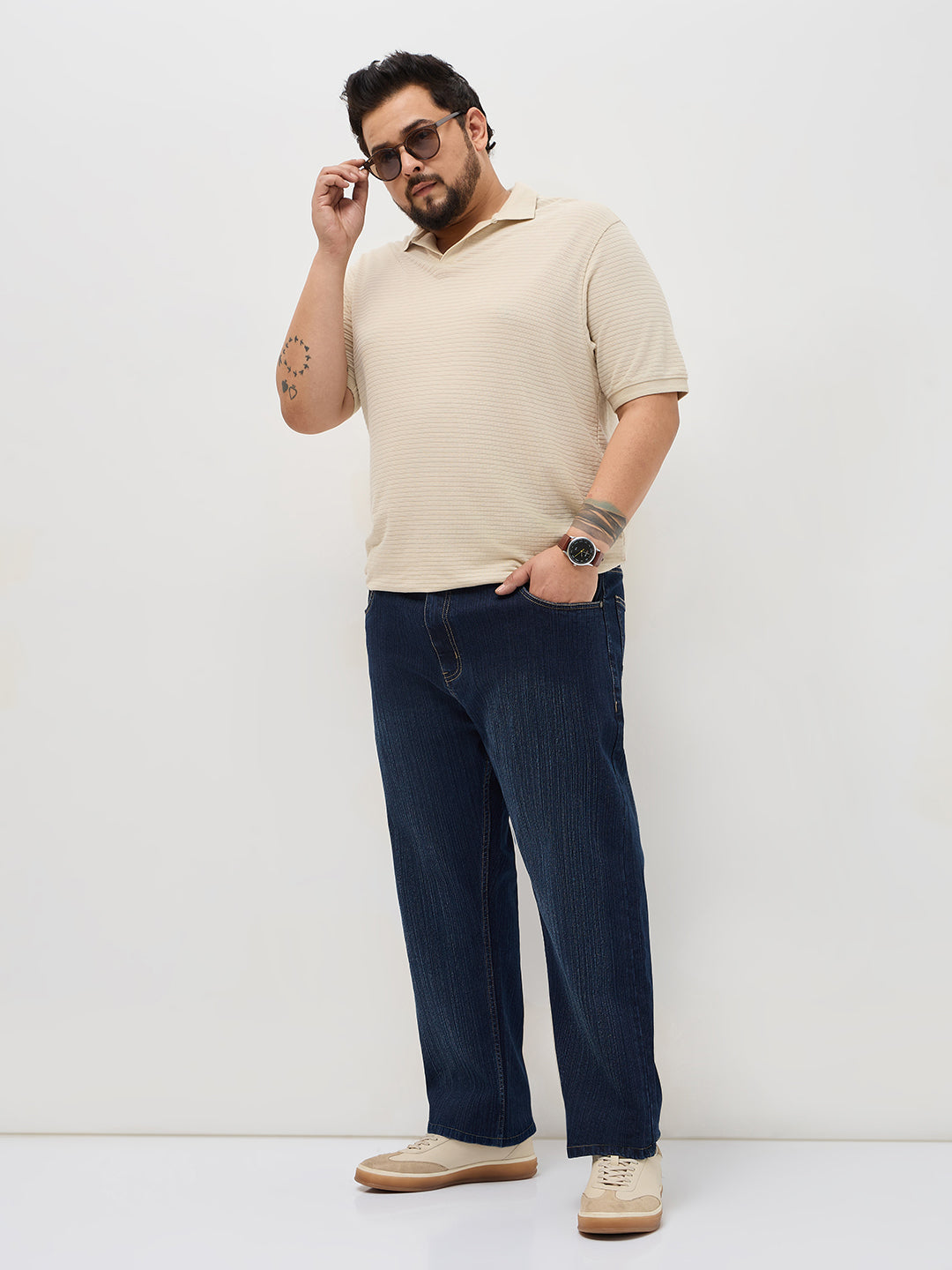 Plus Men's Dark Blue Straight Fit Washed Denim Jeans Stretchable