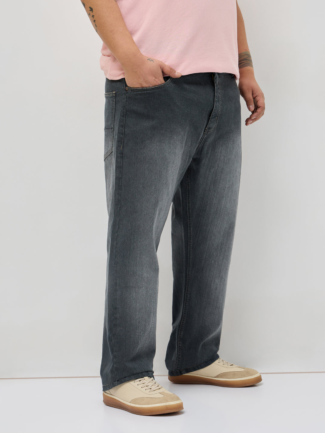 Plus Men's Dark Grey Straight Fit Washed Denim Jeans Stretchable