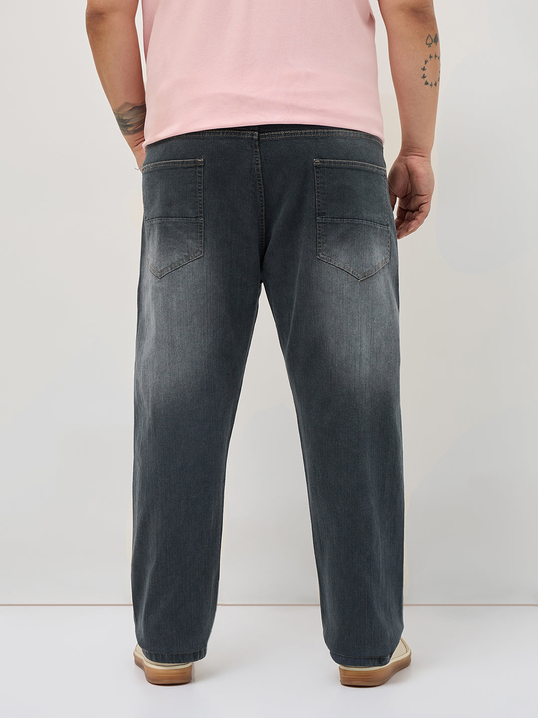 Plus Men's Dark Grey Straight Fit Washed Denim Jeans Stretchable