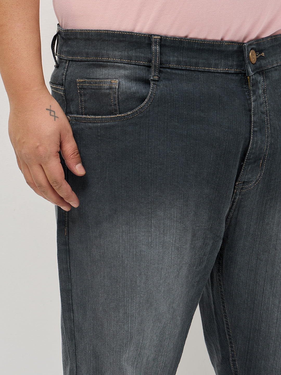 Plus Men's Dark Grey Straight Fit Washed Denim Jeans Stretchable