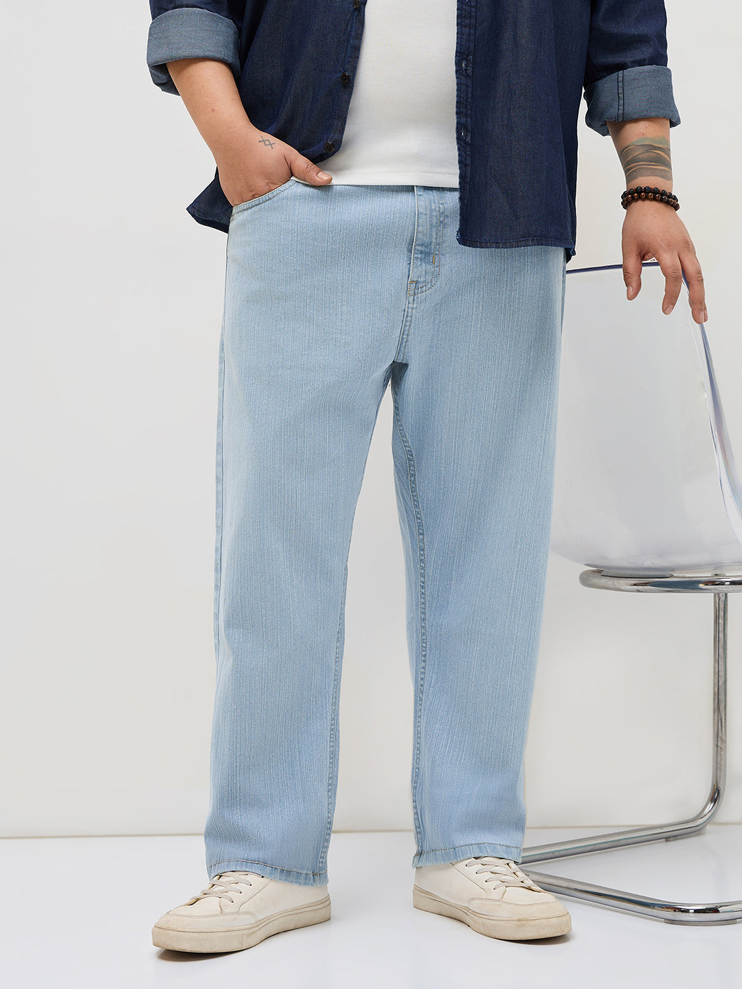 Plus Men's Ice Blue Straight Fit Washed Denim Jeans Stretchable