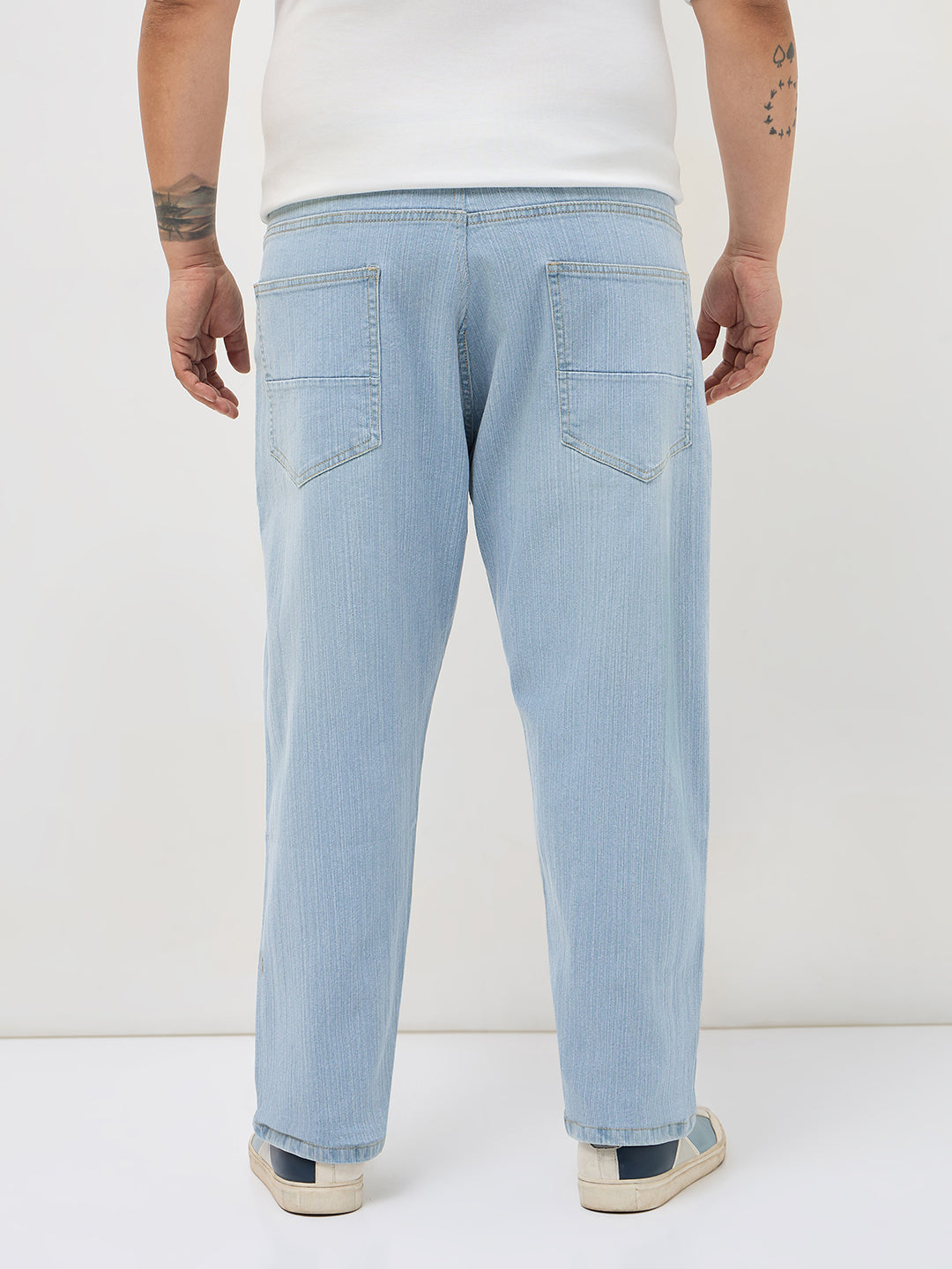 Plus Men's Ice Blue Straight Fit Washed Denim Jeans Stretchable