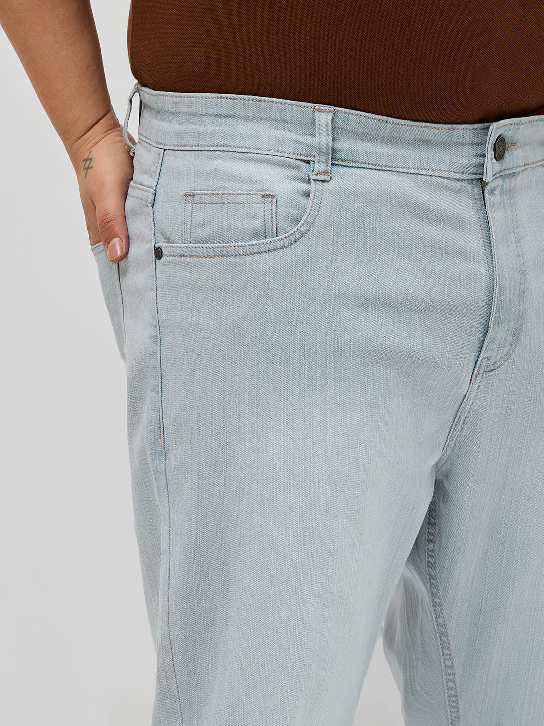 Plus Men's Ice Grey Straight Fit Washed Denim Jeans Stretchable