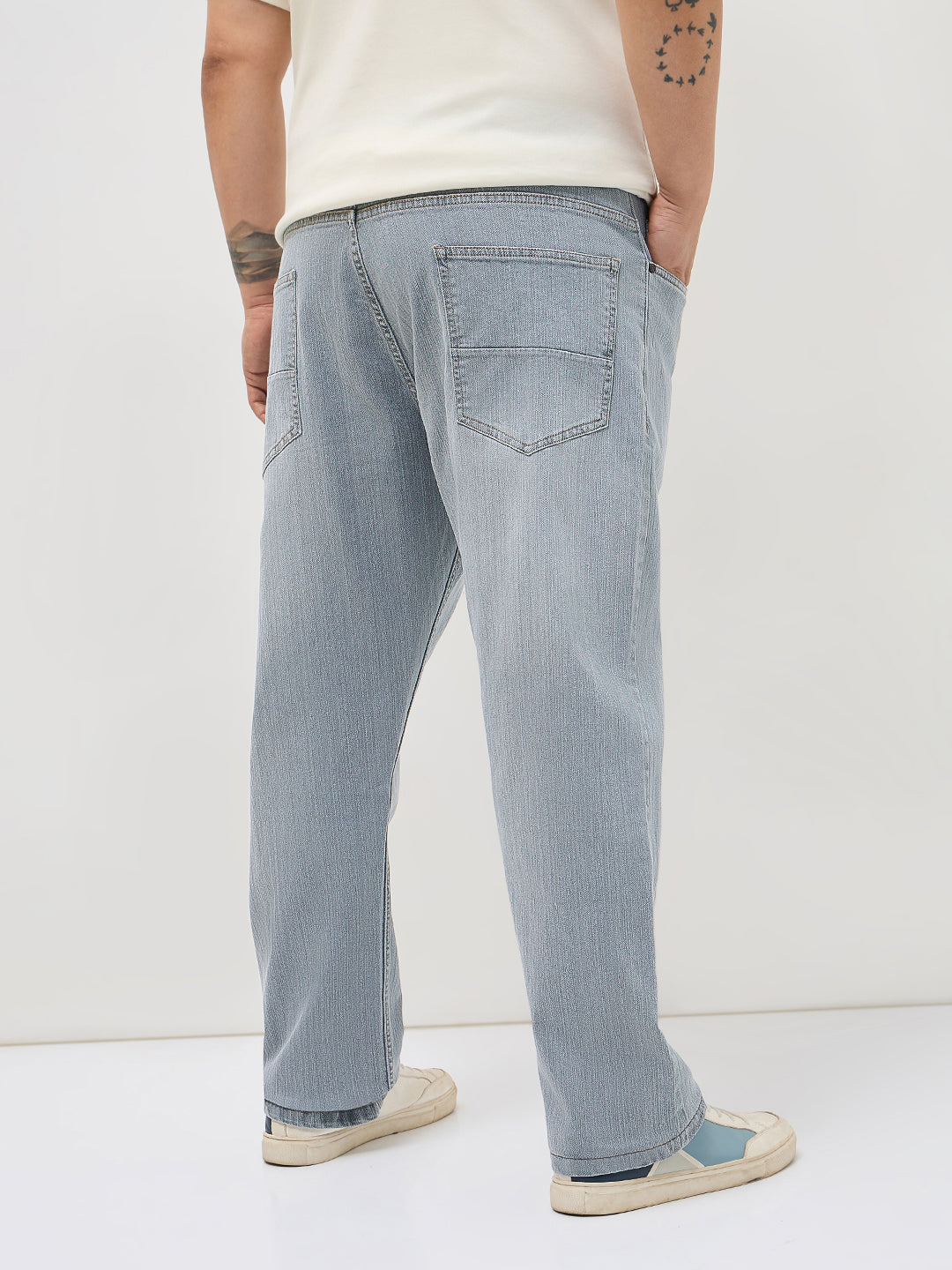Plus Men's Light Grey Straight Fit Washed Denim Jeans Stretchable