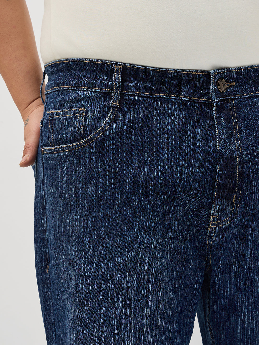 Plus Men's Blue Straight Fit Washed Denim Jeans Stretchable