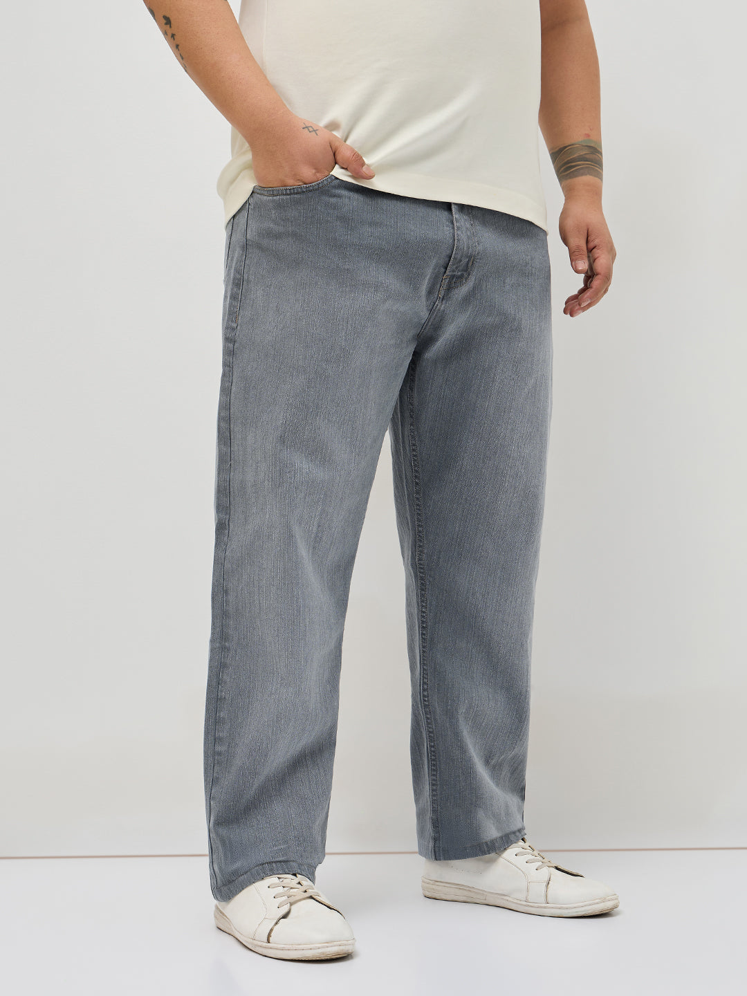Plus Men's Grey Straight Fit Washed Denim Jeans Stretchable