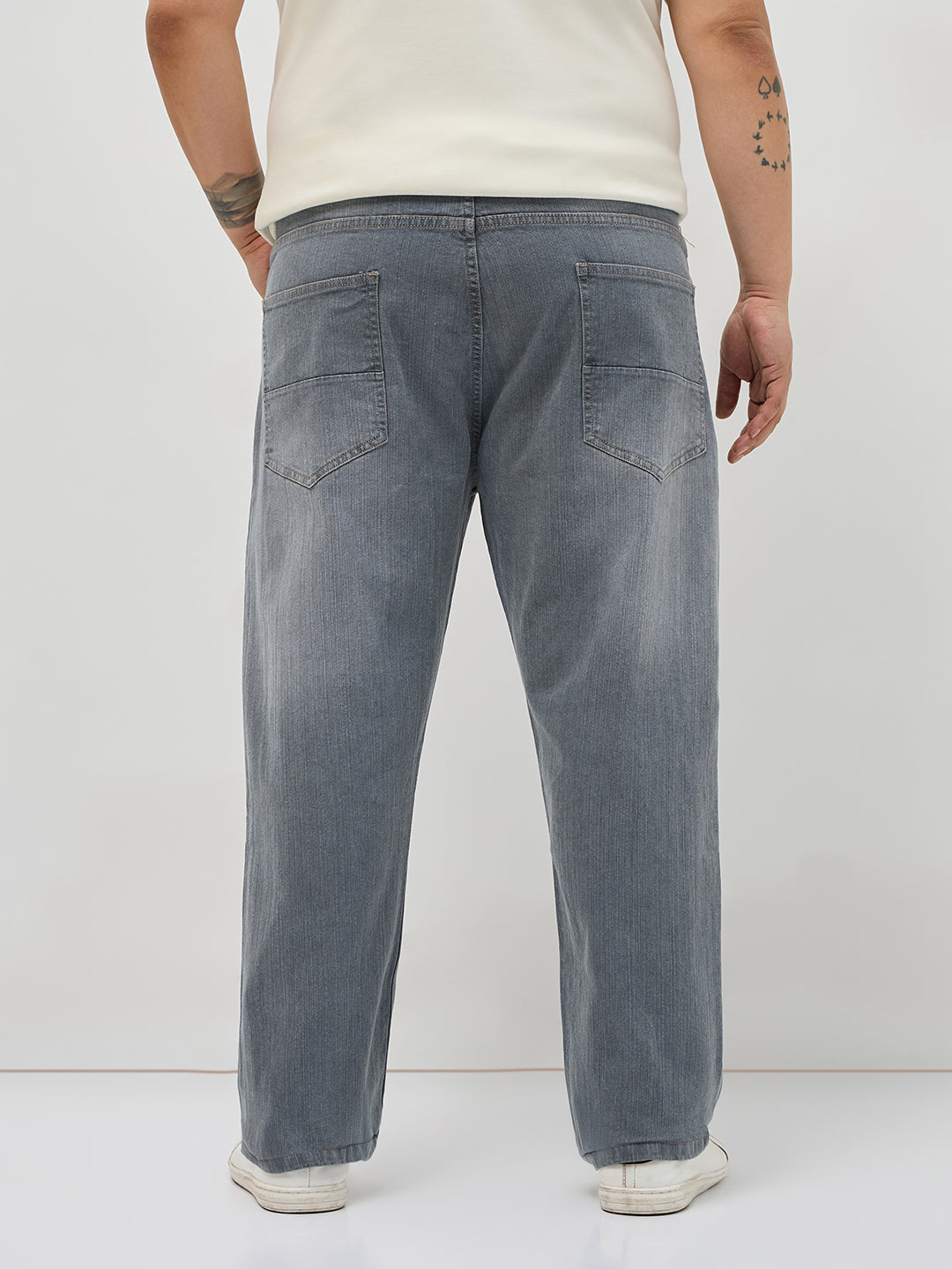 Plus Men's Grey Straight Fit Washed Denim Jeans Stretchable