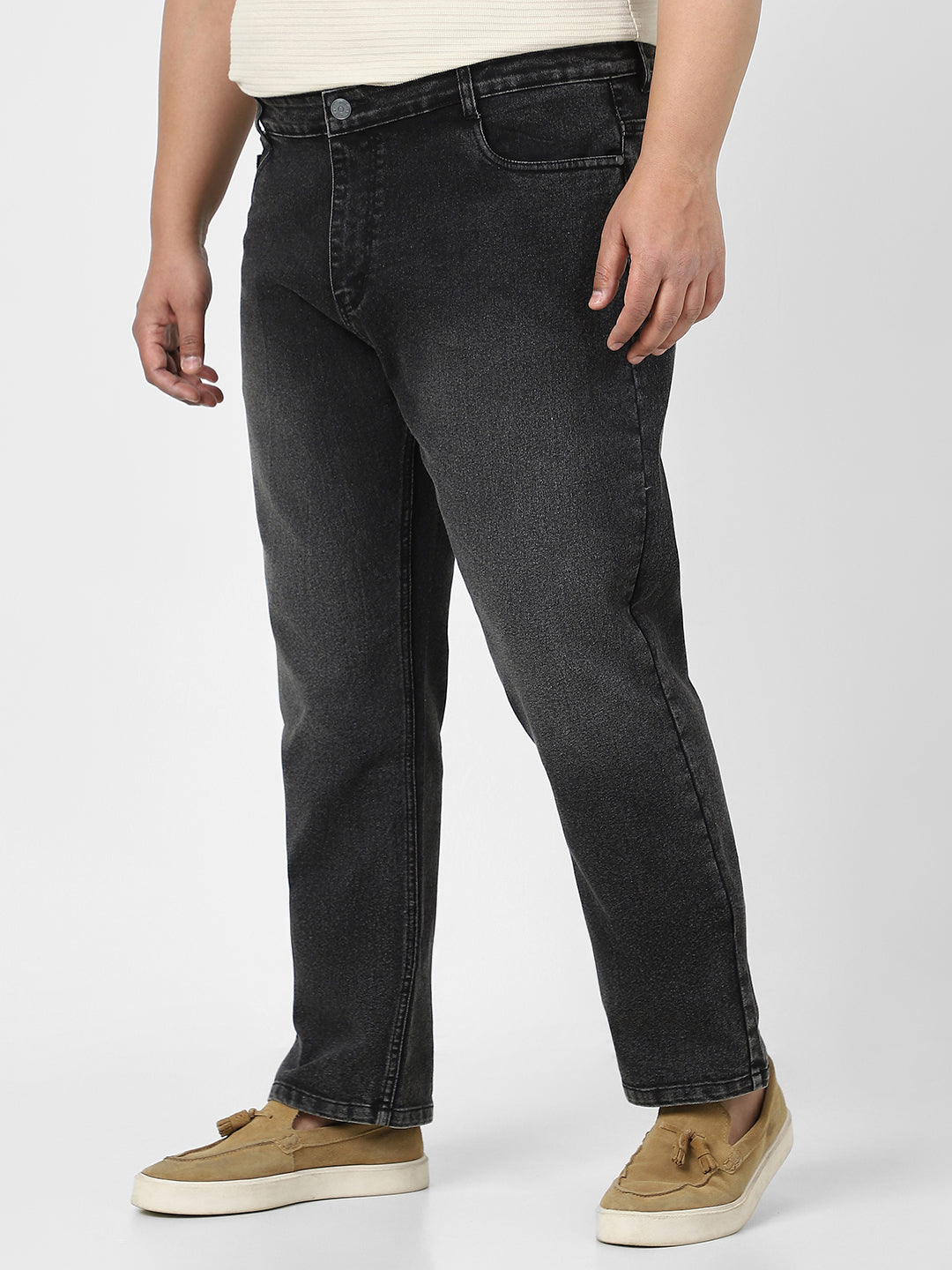 Plus Men's Black Straight Fit Washed Jeans Stretchable