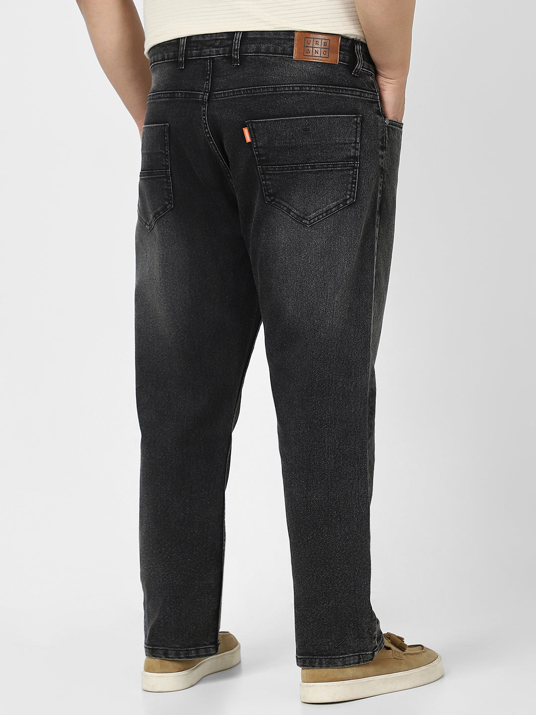 Plus Men's Black Straight Fit Washed Jeans Stretchable