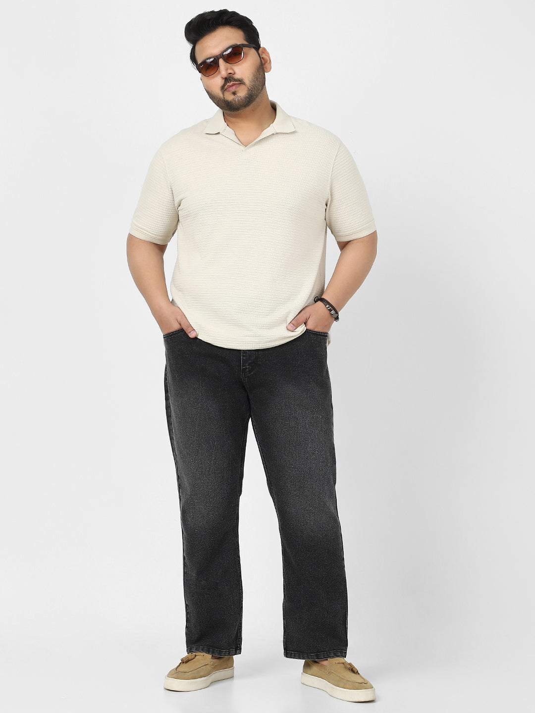 Plus Men's Black Straight Fit Washed Jeans Stretchable
