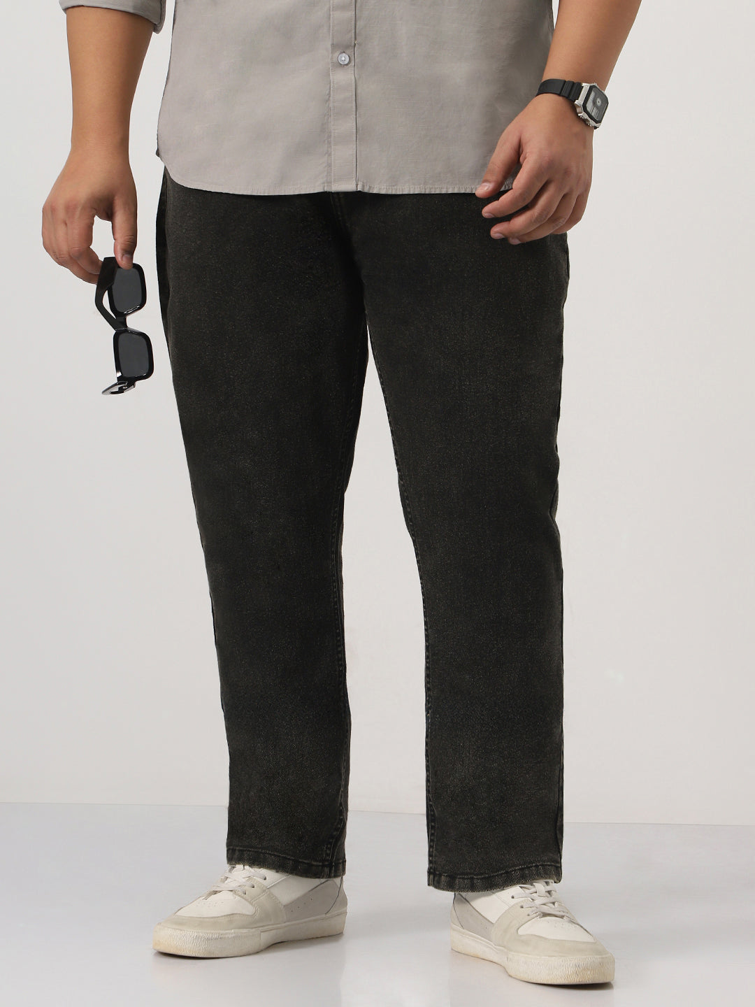 Plus Men's Black Straight Fit Heavy Washed Jeans Stretchable