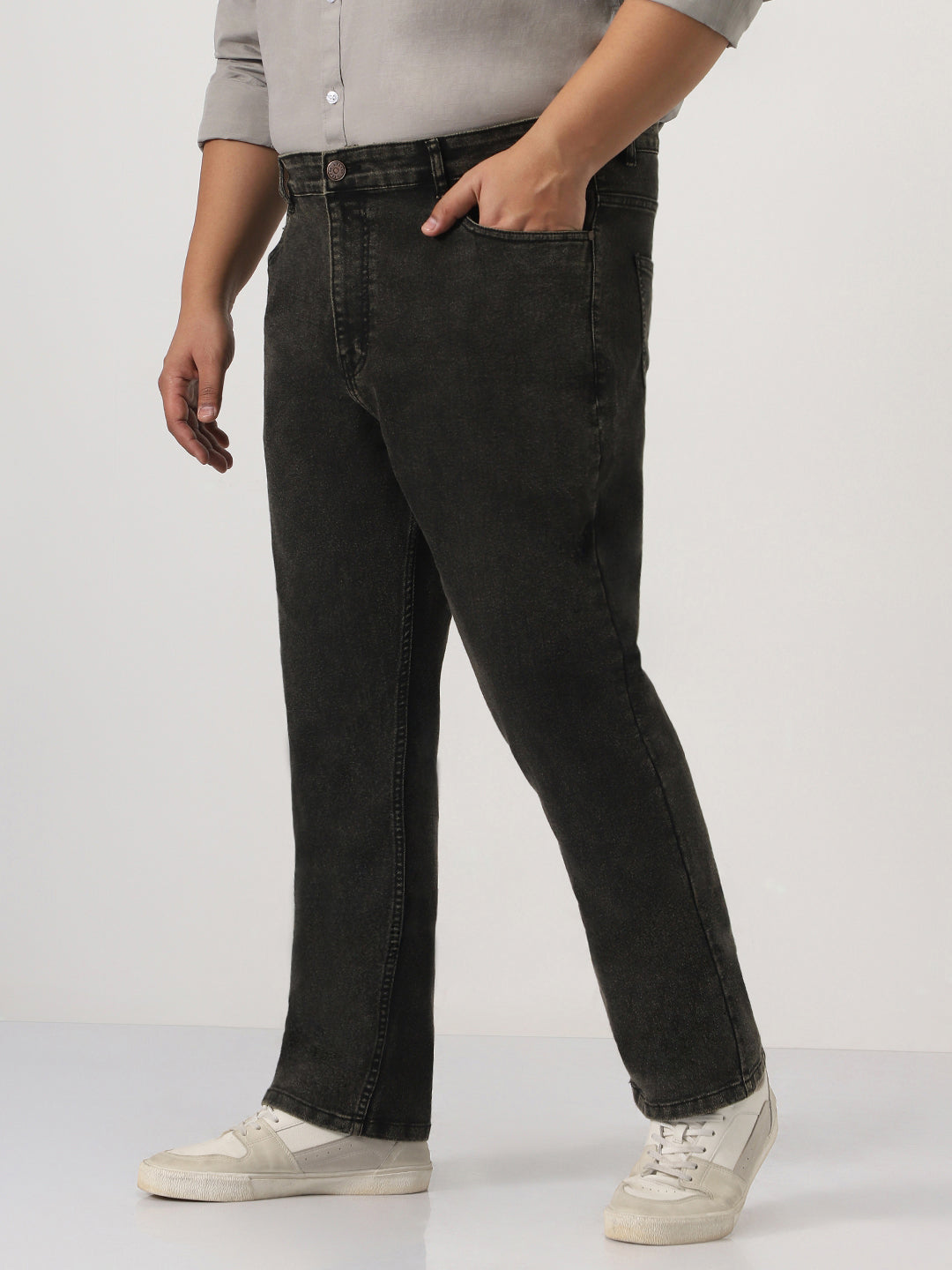 Plus Men's Black Straight Fit Heavy Washed Jeans Stretchable