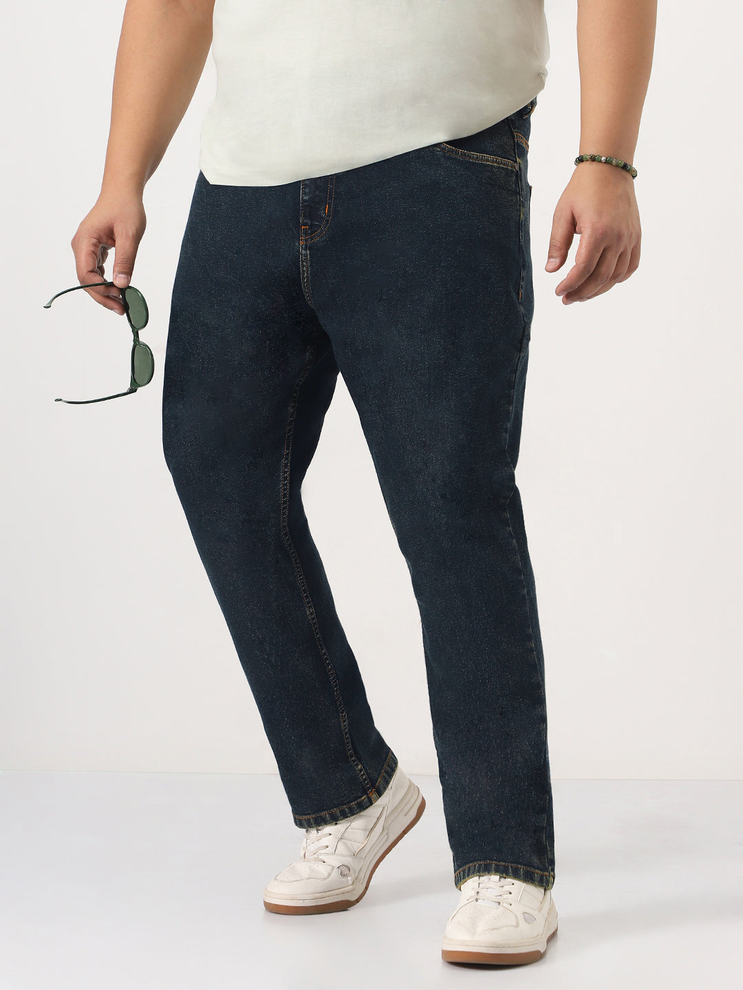 Plus Men's Dark Blue Straight Fit Heavy Washed Jeans Stretchable