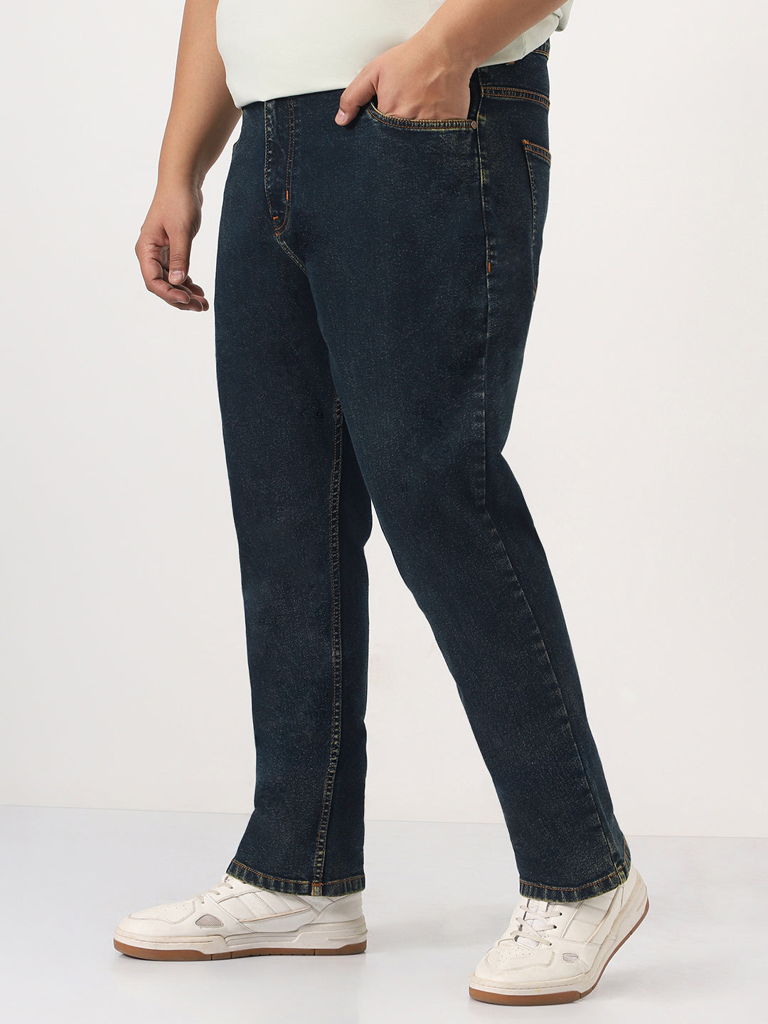 Plus Men's Dark Blue Straight Fit Heavy Washed Jeans Stretchable