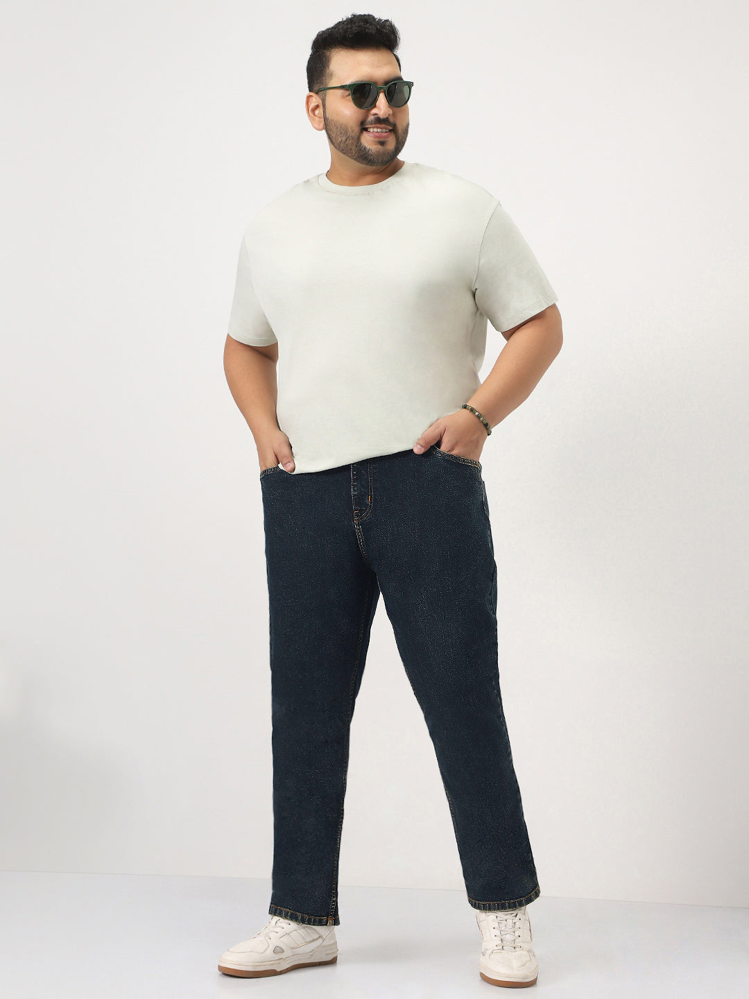 Plus Men's Dark Blue Straight Fit Heavy Washed Jeans Stretchable