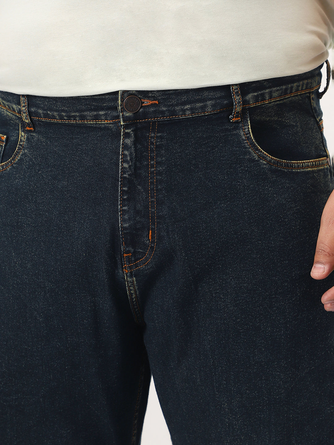 Plus Men's Dark Blue Straight Fit Heavy Washed Jeans Stretchable