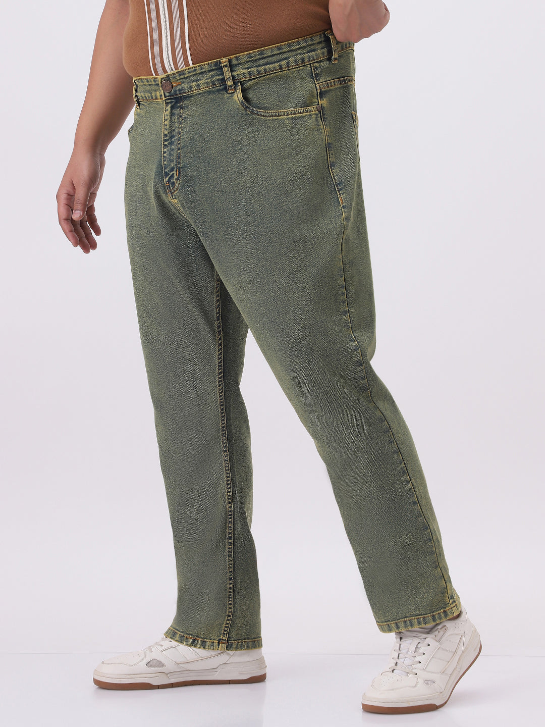 Plus Men's Ice Blue Straight Fit Heavy Washed Jeans Stretchable