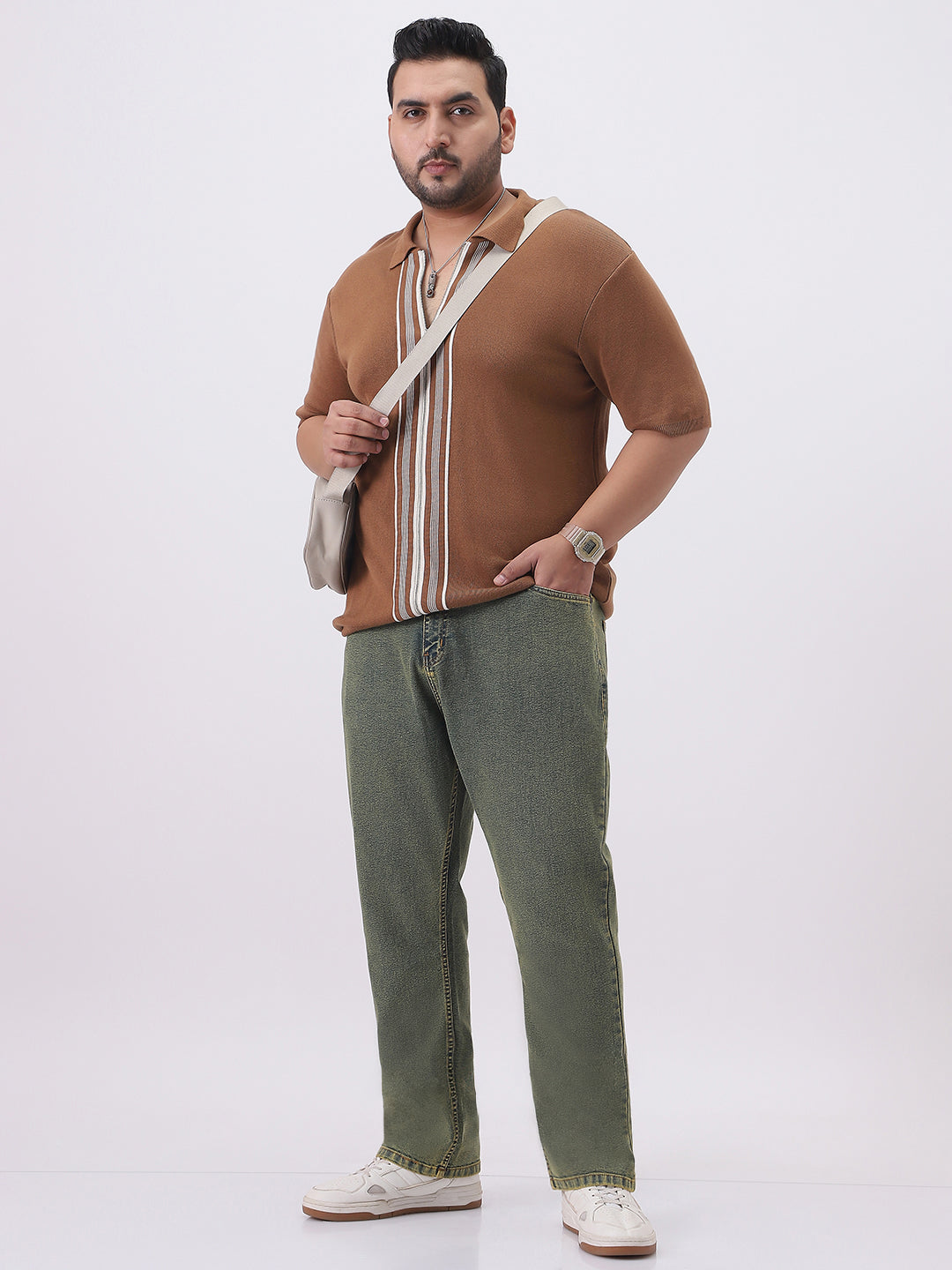 Plus Men's Ice Blue Straight Fit Heavy Washed Jeans Stretchable