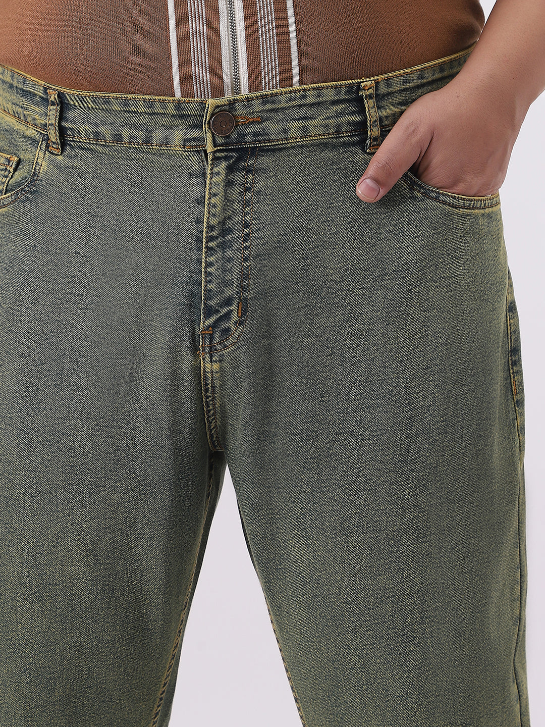 Plus Men's Ice Blue Straight Fit Heavy Washed Jeans Stretchable