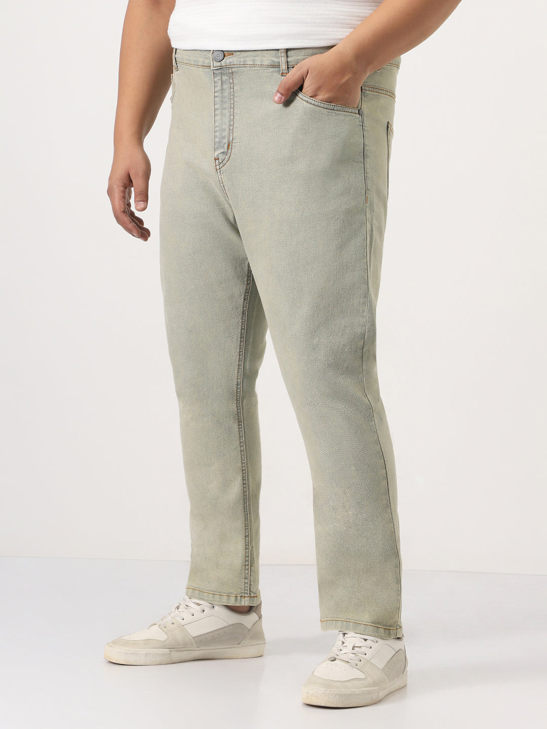 Plus Men's Ice Grey Straight Fit Heavy Washed Jeans Stretchable