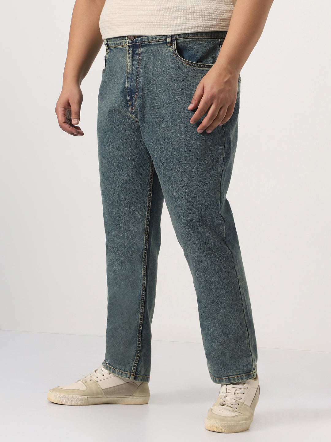 Plus Men's Light Blue Straight Fit Heavy Washed Jeans Stretchable