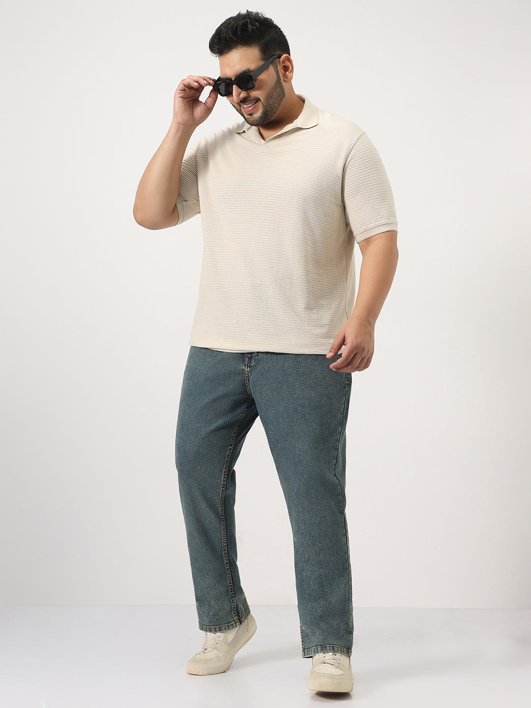 Plus Men's Light Blue Straight Fit Heavy Washed Jeans Stretchable