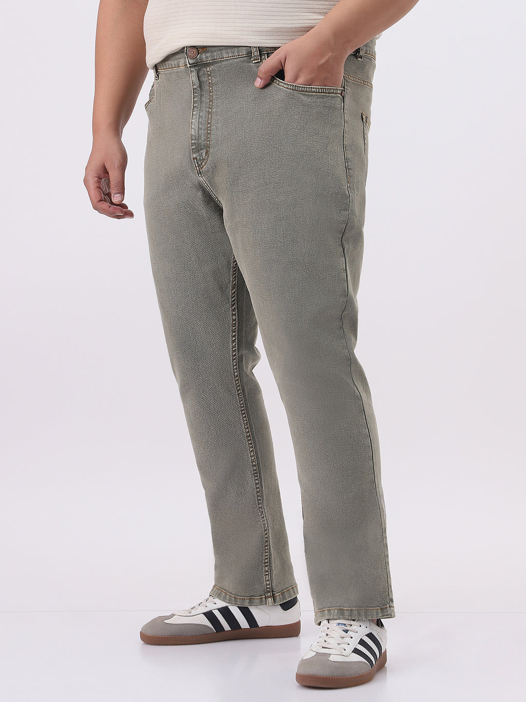 Plus Men's Light Grey Straight Fit Heavy Washed Jeans Stretchable
