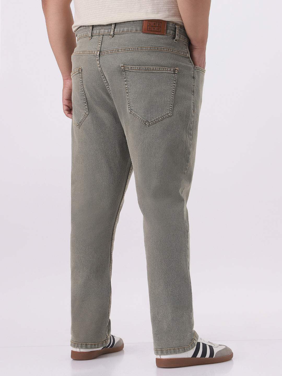 Plus Men's Light Grey Straight Fit Heavy Washed Jeans Stretchable