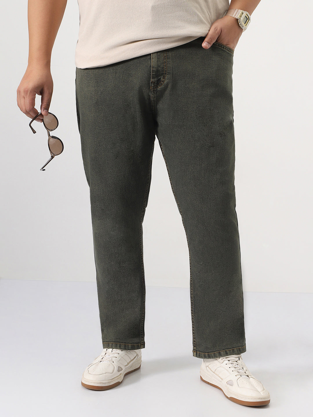 Plus Men's Grey Straight Fit Heavy Washed Jeans Stretchable