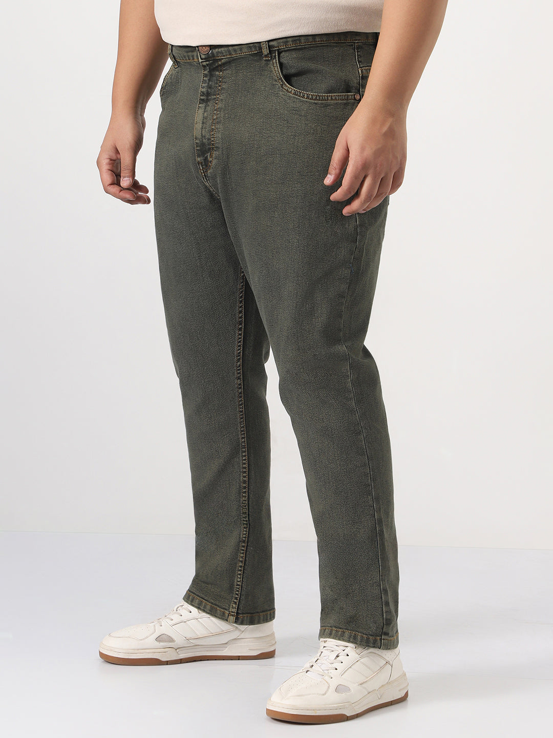 Plus Men's Grey Straight Fit Heavy Washed Jeans Stretchable