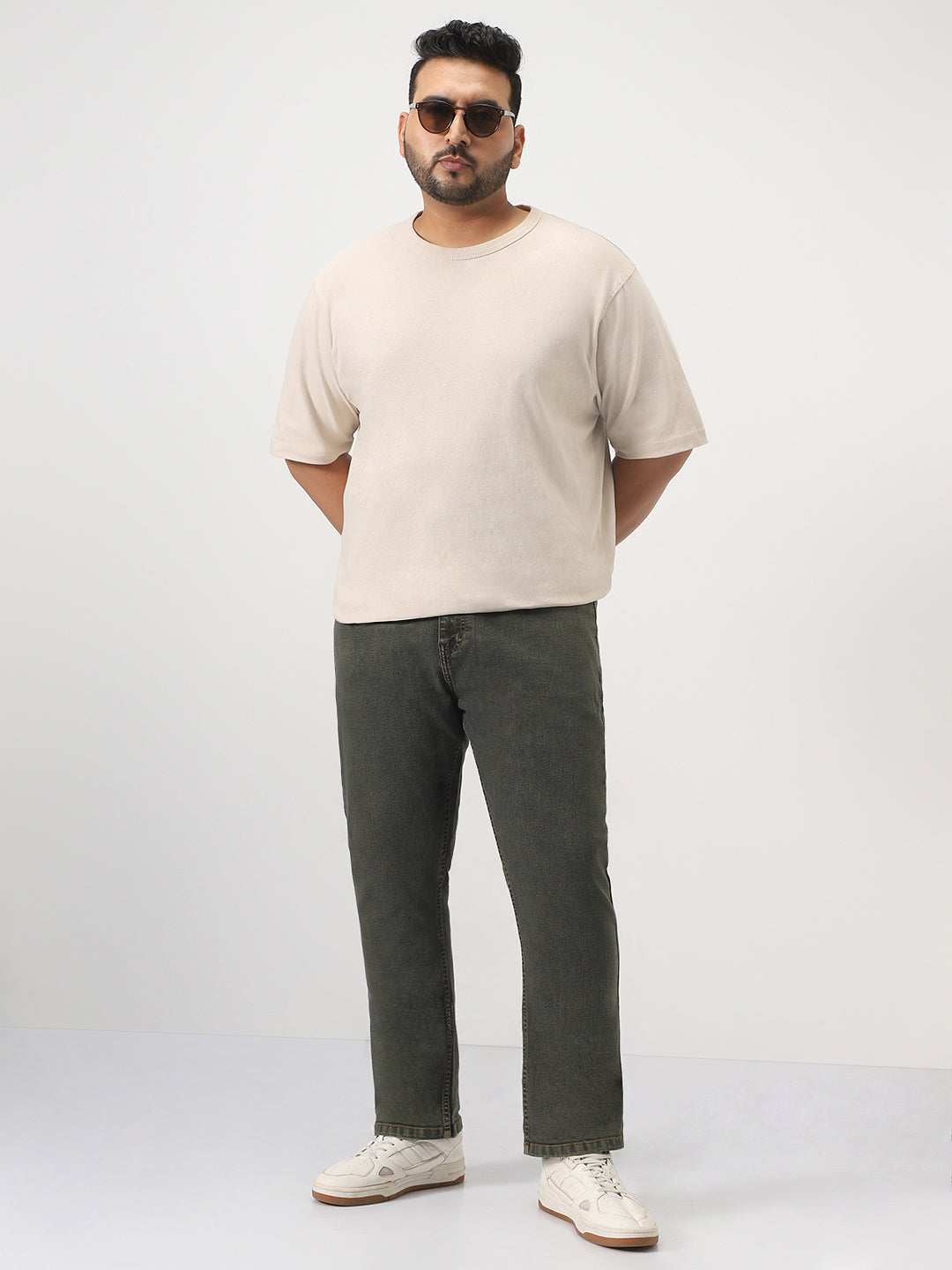 Plus Men's Grey Straight Fit Heavy Washed Jeans Stretchable