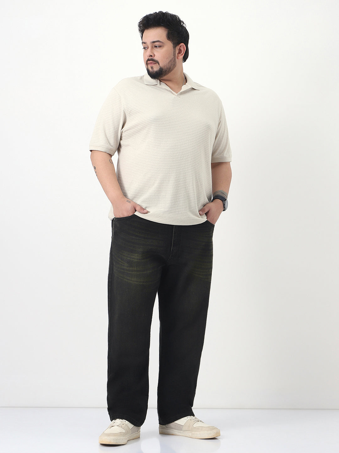 Plus Men's Black Straight Fit Heavy Washed Jeans Stretchable
