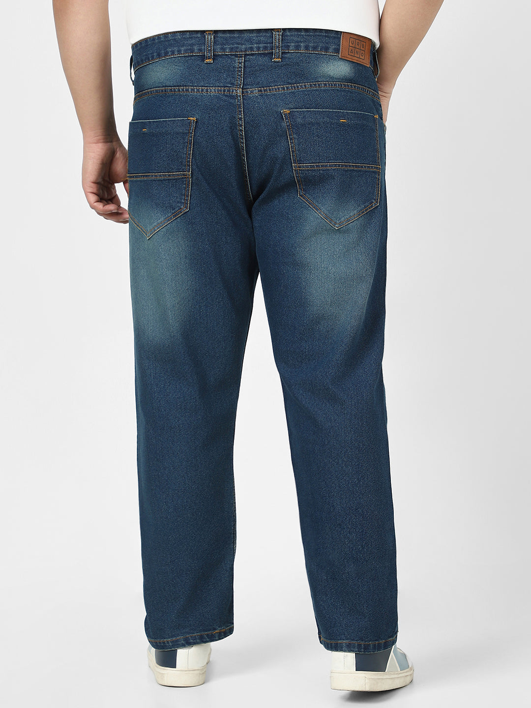 Plus Men's Blue Straight Fit Washed Jeans Stretchable