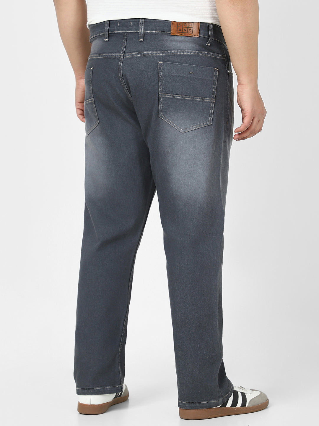 Plus Men's Grey Straight Fit Washed Jeans Stretchable