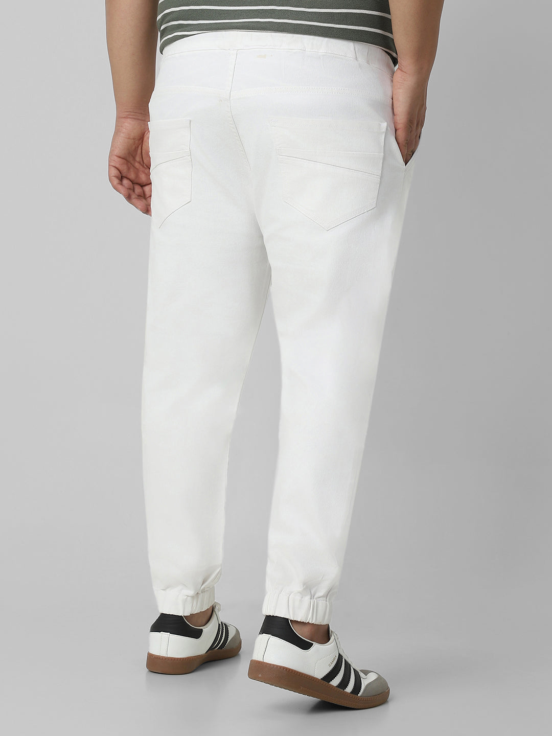 Plus Men's White Regular Fit Solid Joggers Jeans Stretchable