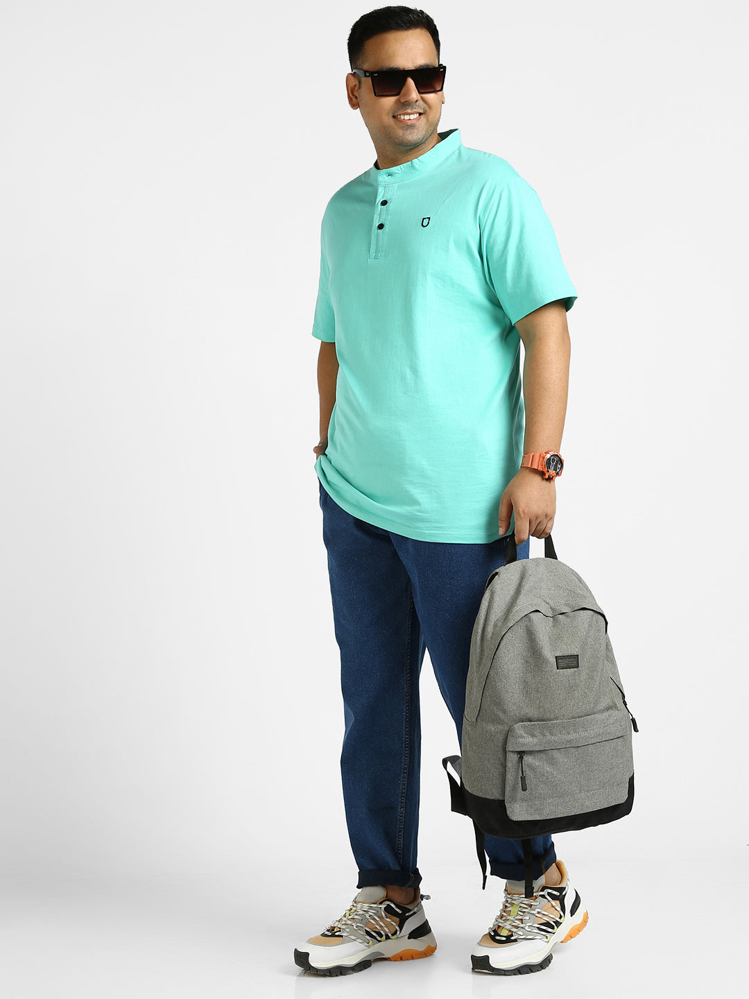 Urbano Plus Men's Aqua Green Solid Mandarin Collar Regular Fit Half Sleeve Cotton T-Shirt