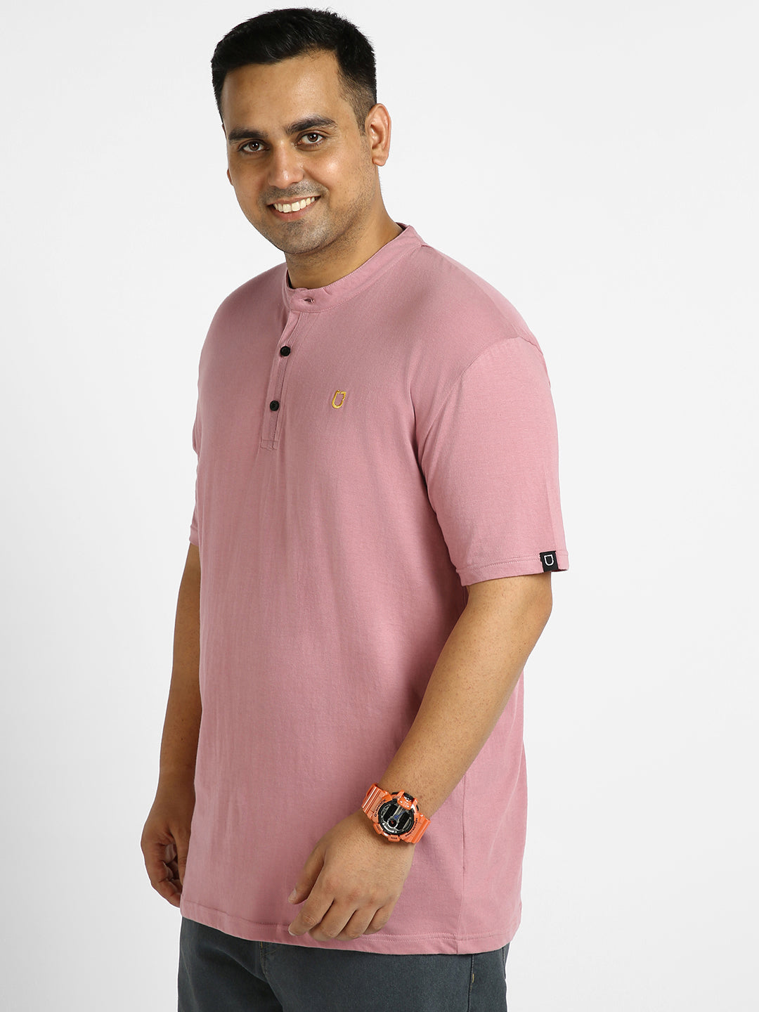 Urbano Plus Men's Lilac Solid Mandarin Collar Regular Fit Half Sleeve Cotton T-Shirt