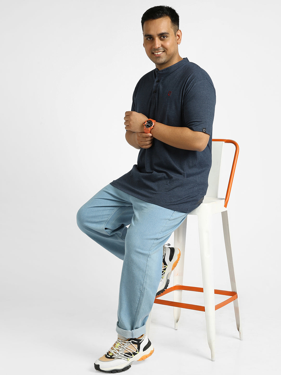 Urbano Plus Men's Navy Melange Solid Mandarin Collar Regular Fit Half Sleeve Cotton T-Shirt