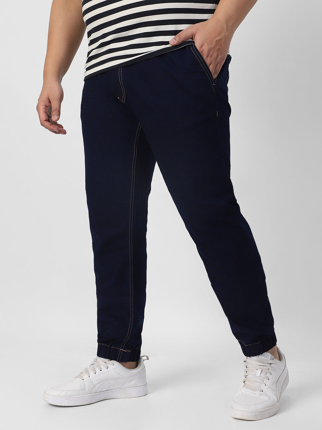 Plus Men's Dark Blue Regular Fit Washed Joggers Jeans Stretchable