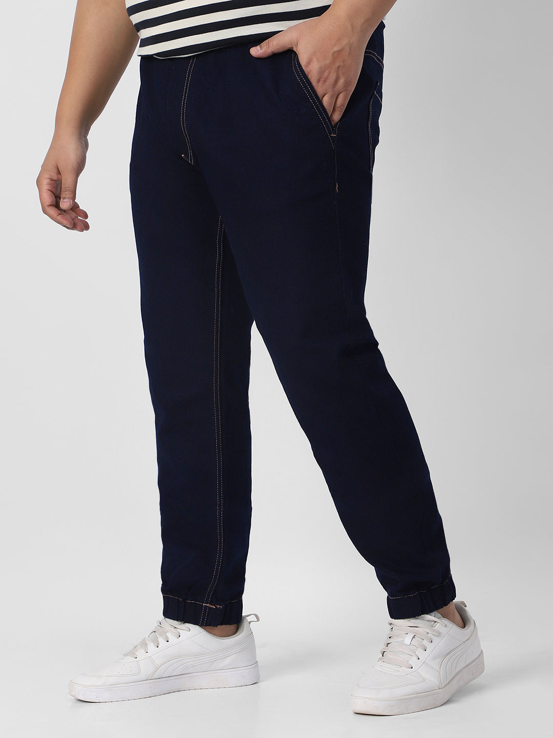 Plus Men's Dark Blue Regular Fit Washed Joggers Jeans Stretchable