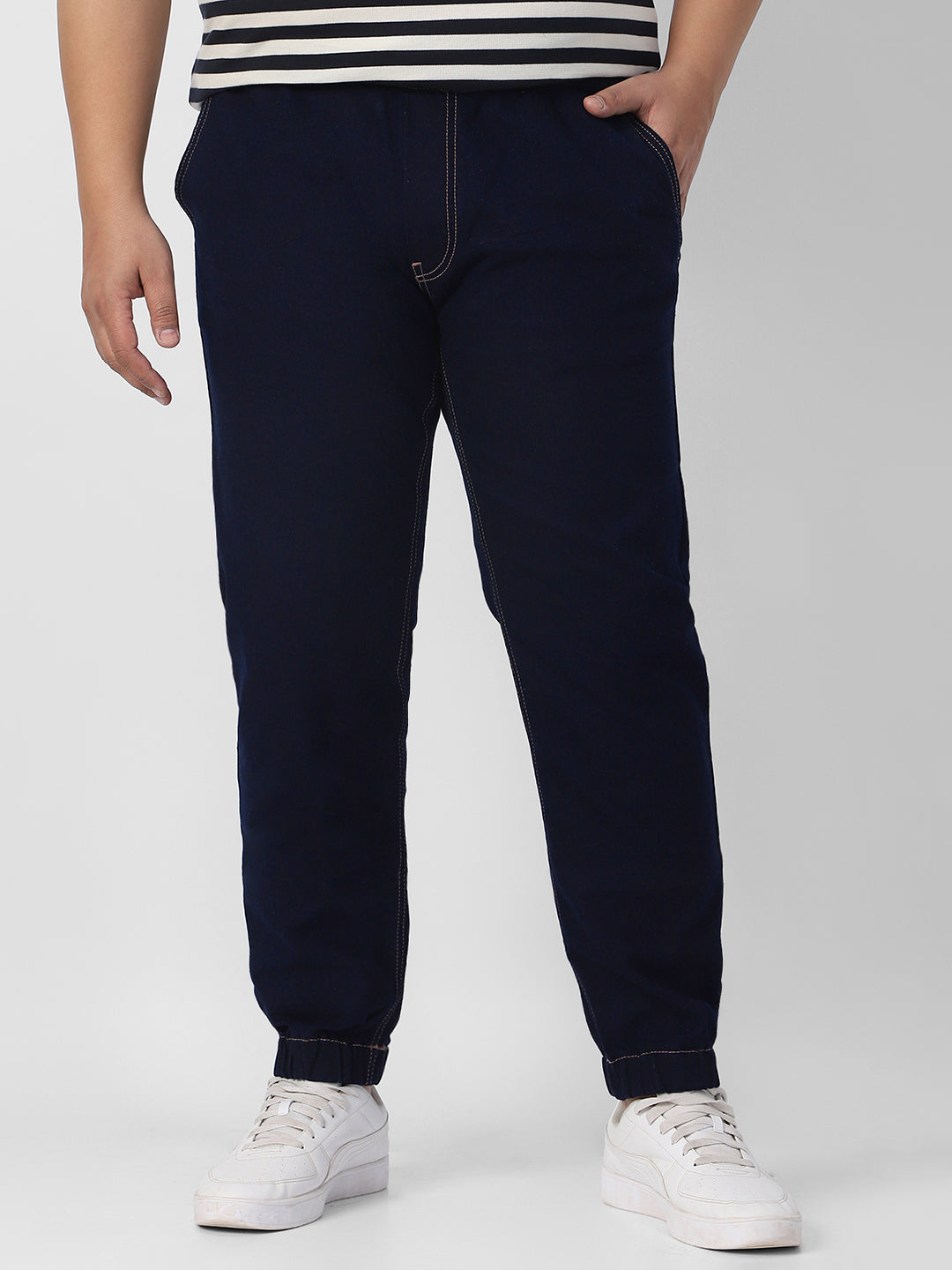 Plus Men's Dark Blue Regular Fit Washed Joggers Jeans Stretchable