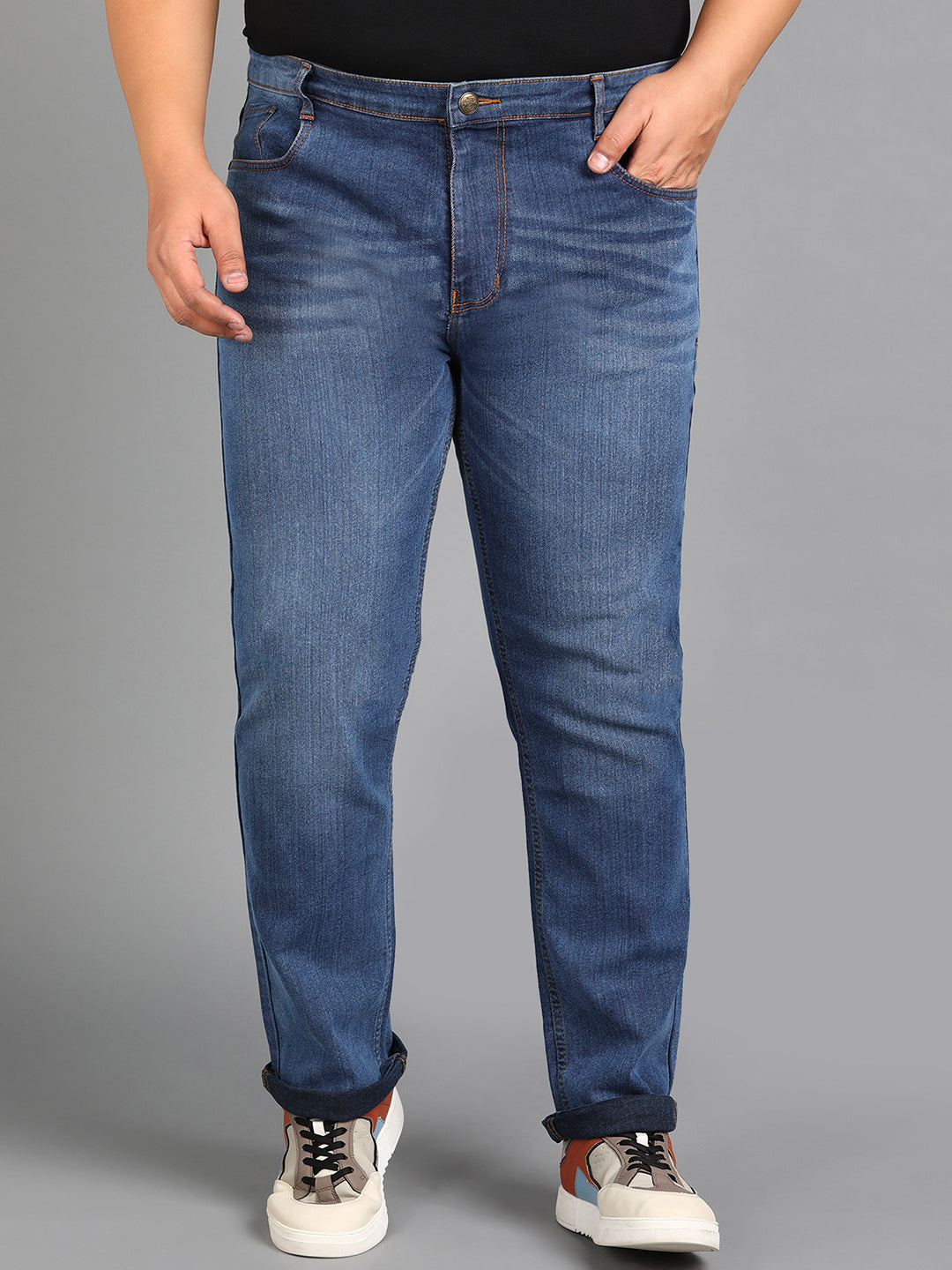 Plus Men's Blue Regular Fit Washed Jeans Stretchable