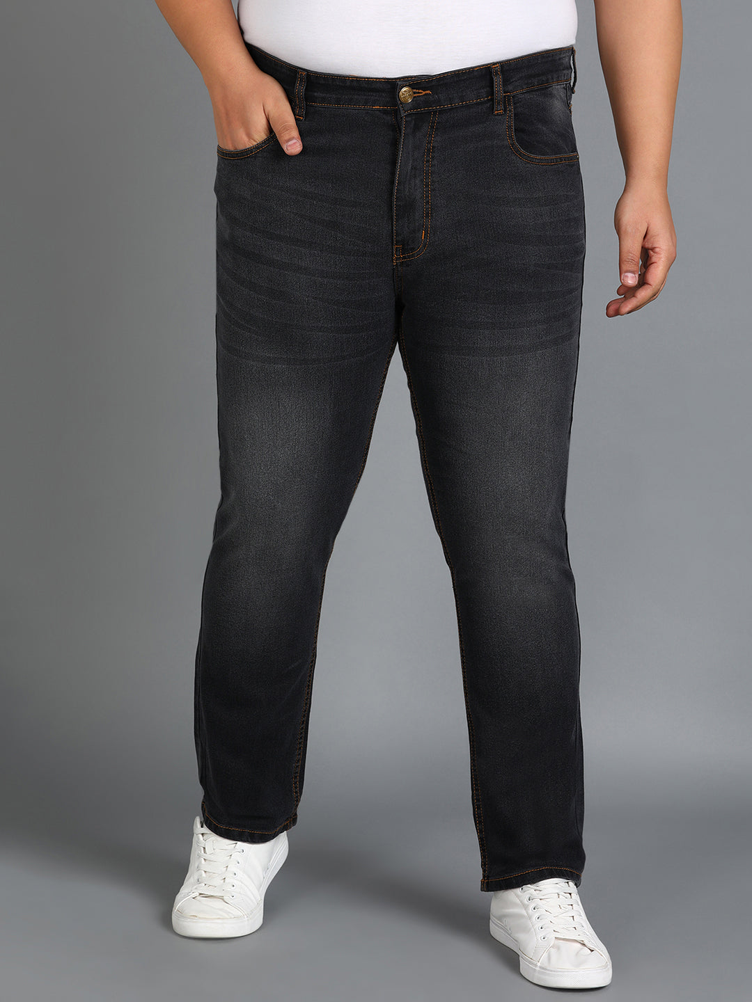 Plus Men's Dark Grey Regular Fit Washed Jeans Stretchable