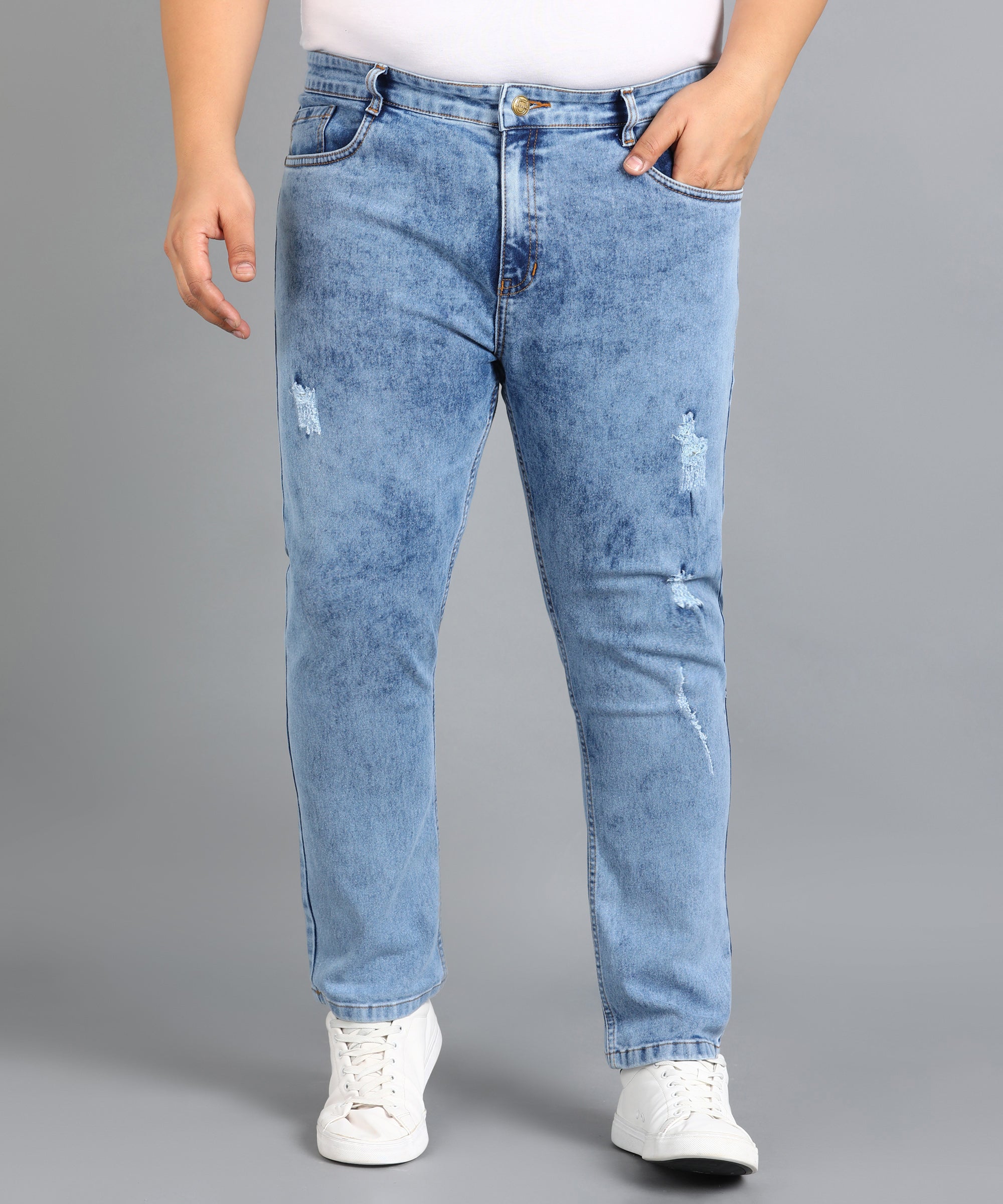 Plus Men's Sky Blue Slim Fit Washed Mild Distressed/Torn Jeans Stretchable
