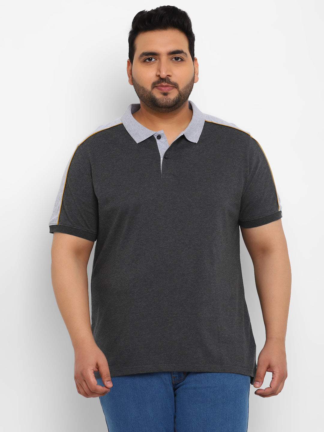 Plus Men's Anthra Melange, Grey, Red Colour-Block Regular Fit Half Sleeve Cotton Polo T-Shirt