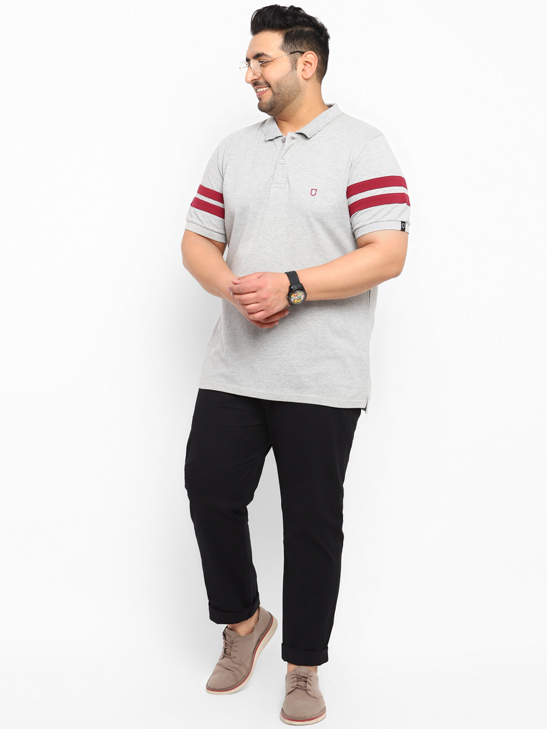 Plus Men's Grey Melange, Maroon Colour-Block Regular Fit Half Sleeve Cotton Polo T-Shirt