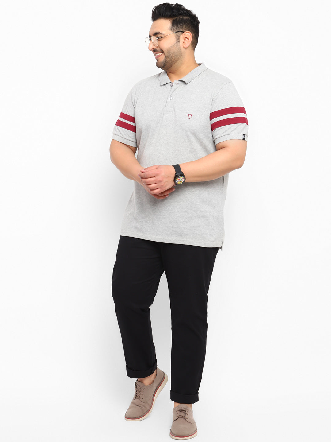 Urbano Plus Men's Grey Melange, Maroon Colour-Block Regular Fit Half Sleeve Cotton Polo T-Shirt